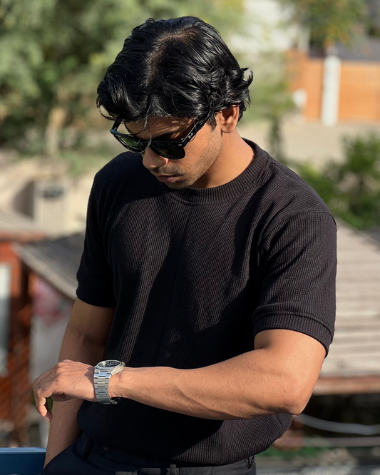 Black Waffle Knit Crew